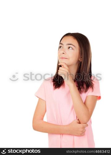 Pensive pretty preteenager girl with glasses pink t-shirt isolated on a white background