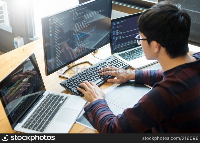 Pensive programmer working on on desktop pc programming code technologies or website design at office Software Development Company. 