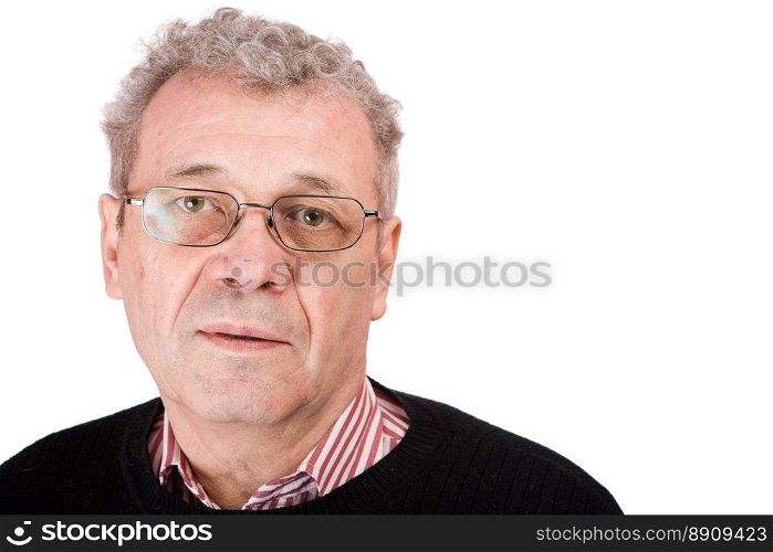 Pensive senior man looking at you isolated on white