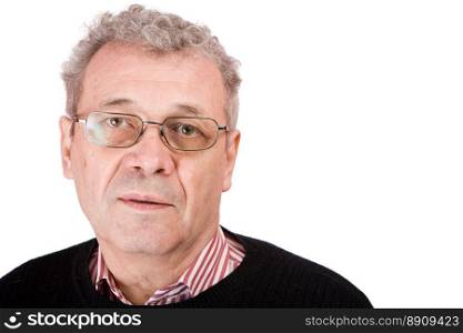 Pensive senior man looking at you isolated on white