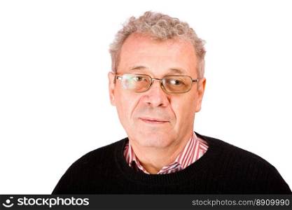 Pensive senior man looking down isolated on white