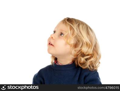Pensive small blond child isolated on a white background