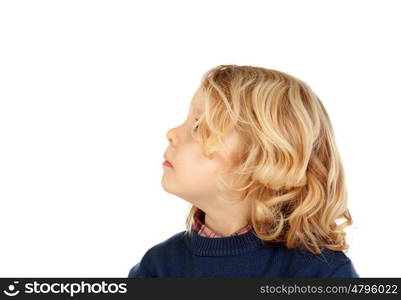 Pensive small blond child isolated on a white background