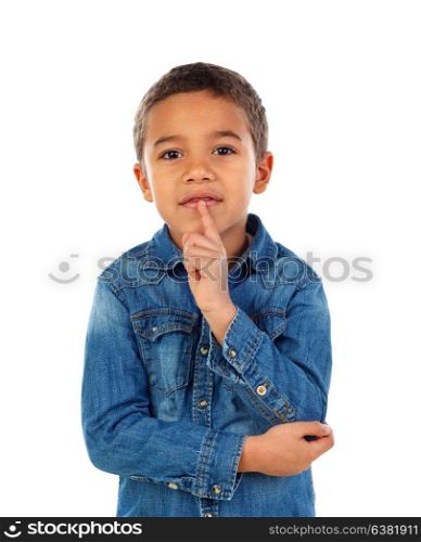 Pensive small child with denim t-shirt isolated on a white background
