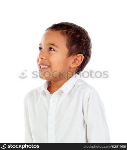 Pensive small child with t-shirt isolated on a white background