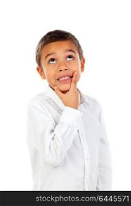 Pensive small child with t-shirt isolated on a white background