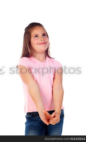 Pensive small girl imagining something isolated on a white background