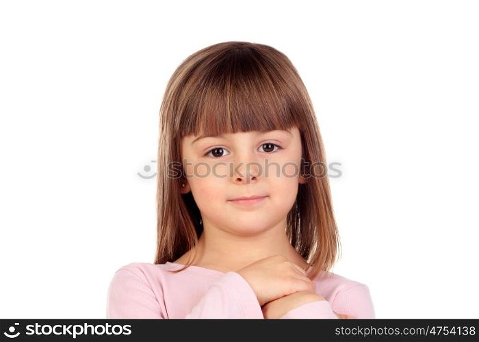 Pensive small girl with pink t-shirt isolated on a white background