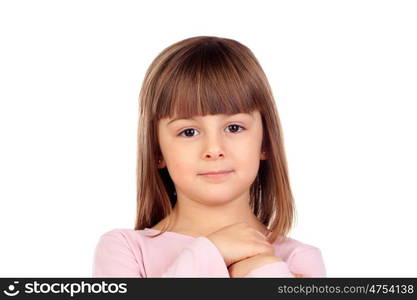 Pensive small girl with pink t-shirt isolated on a white background