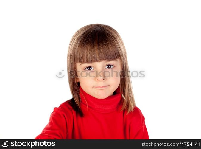Pensive small girl with red t-shirt isolated on a white background