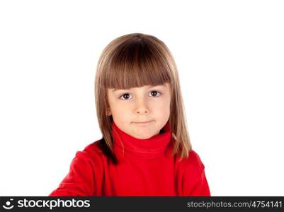 Pensive small girl with red t-shirt isolated on a white background