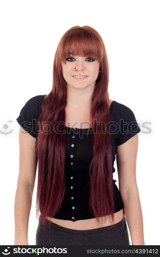 Pensive teenage girl dressed in black with a piercing isolated on white background