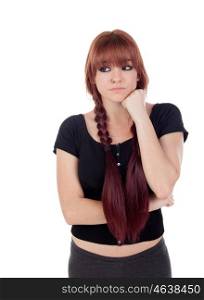 Pensive teenage girl dressed in black with a piercing isolated on white background
