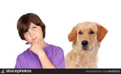 Pensive teenager boy with his dog isolated on a white background