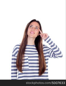 Pensive teenager girl isolated on a white background