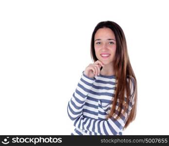 Pensive teenager girl isolated on a white background