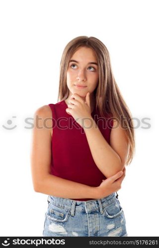 Pensive teenager girl isolated on a white background