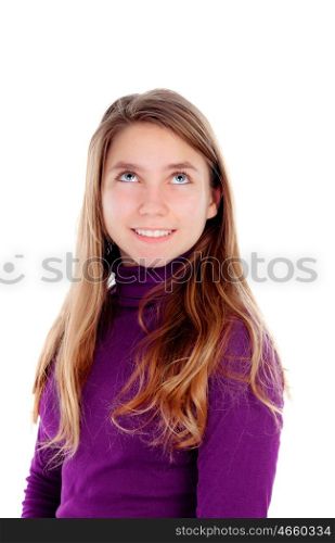 Pensive teenager girl looking up isolated on a white background