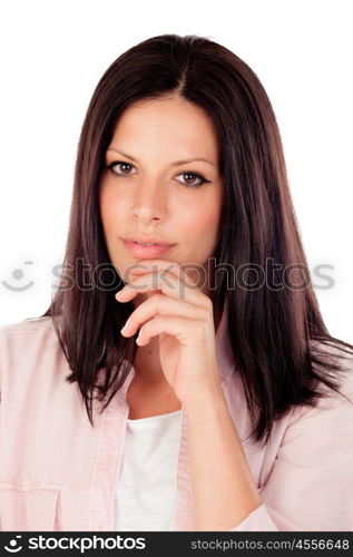 Pensive woman looking at camera having an idea isolated on white background