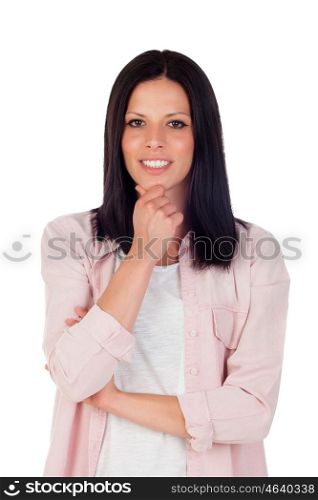 Pensive woman looking at camera having an idea isolated on white background
