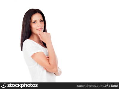Pensive woman looking at camera having an idea isolated on white background