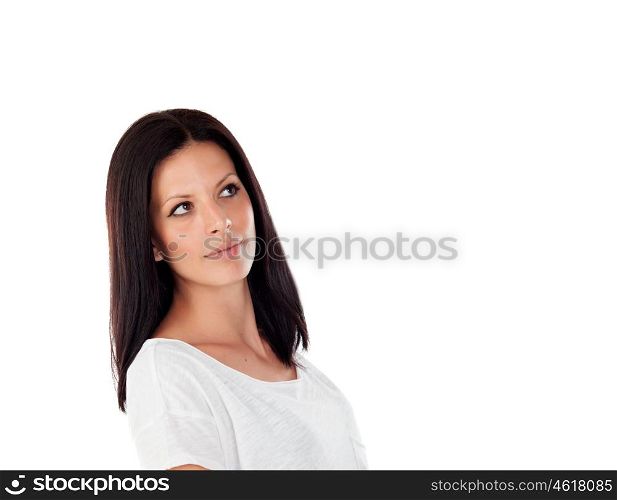 Pensive woman looking up having an idea isolated on white background