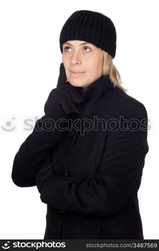 Pensive woman with a black coat isolated on white background