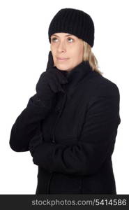 Pensive woman with a black coat isolated on white background