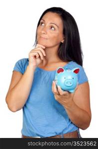 Pensive woman with a blue money-box isolated on a over white background