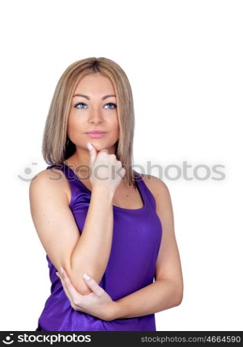 Pensive woman with a purple t-shirt isolated on white background