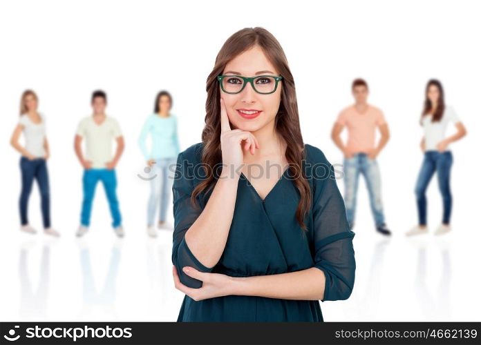 Pensive woman with glasses with people unfocused background