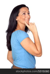 Pensive woman with long hair isolated on a over white background