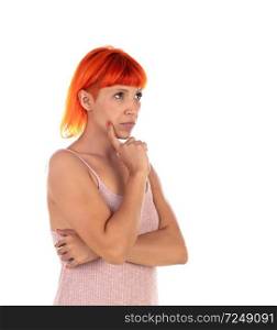 Pensive woman with red hair and pink dress isolated on a white background