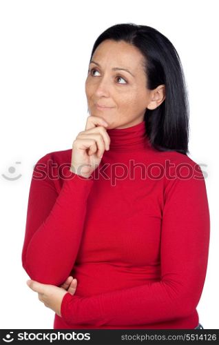 Pensive woman with red t-shirt isolated on a over white background