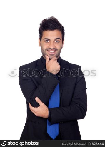 Pensive Young Businessman With Blue Tie Isolated On White Background