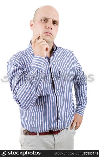 pensive young casual man portrait, isolated on white