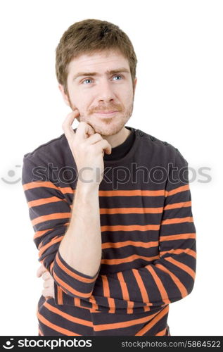 pensive young casual man portrait, isolated on white