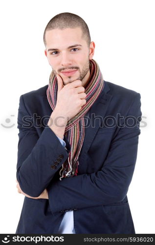 pensive young casual man portrait, isolated on white