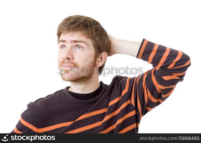 pensive young casual man portrait, isolated on white