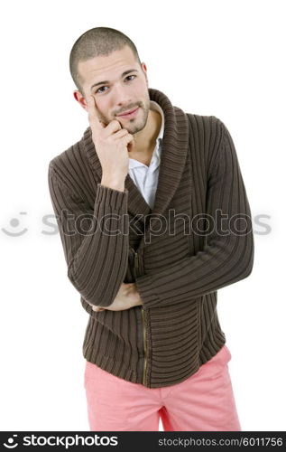 pensive young casual man portrait, isolated on white