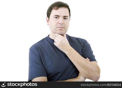 pensive young casual man portrait, isolated on white