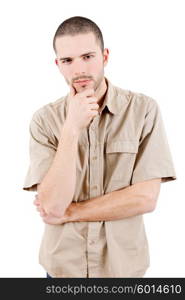 pensive young casual man portrait, isolated on white