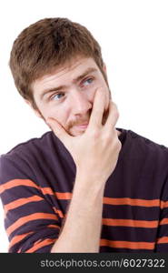 pensive young casual man portrait, isolated on white