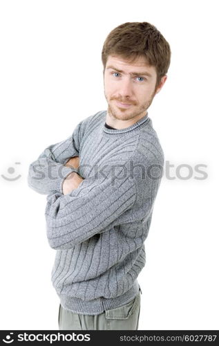 pensive young casual man portrait, isolated on white