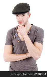 pensive young casual man portrait, isolated on white