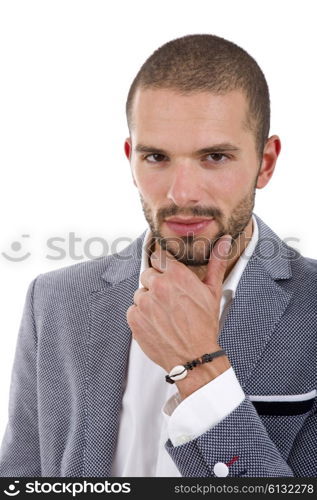 pensive young casual man portrait, isolated on white