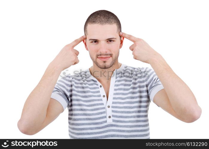 pensive young casual man portrait, isolated on white