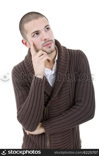 pensive young casual man portrait, isolated on white