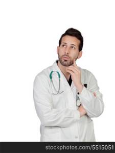 Pensive young doctor isolated on a over white background