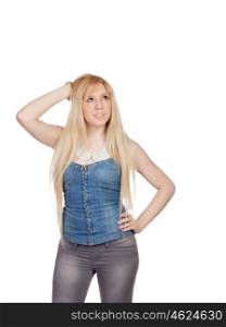 Pensive young girl with blond hair isolated on a over white background